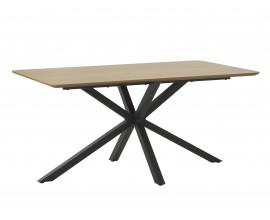 Modern&iacute; industri&aacute;ln&iacute; obd&eacute;ln&iacute;kov&yacute; j&iacute;deln&iacute; stůl s podstavou z kovu v matn&eacute; čern&eacute; barvě se čtyřmi nohama s překř&iacute;žen&yacute;m designem a vrchn&iacute; deskou z d&yacute;hy ve světl&eacute;m hněd&eacute;m dubov&eacute;m proveden&iacute;