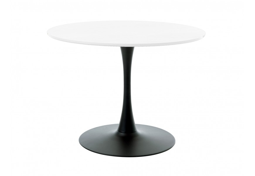 Designový industriální jídelní stůl Holstebro v černé a bílé barvě s kulatou melaminovou vrchní deskou a černou nohou z kovu