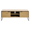 Modern&iacute; TV stolek Holstebro se dvěma dv&iacute;řky a policemi v dubov&eacute;m hněd&eacute;m proveden&iacute; s čern&yacute;mi kovov&yacute;mi detaily 155 cm