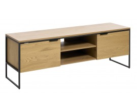 Modern&iacute; TV stolek Holstebro se dvěma dv&iacute;řky a policemi v dubov&eacute;m hněd&eacute;m proveden&iacute; s čern&yacute;mi kovov&yacute;mi detaily 155 cm