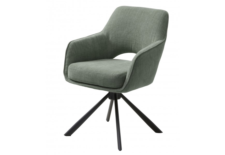Moderní industriální jídelní křeslo Mille s čalouněnou sedací částí se zeleným potahem v šalvějovém odstínu s žinylkovým finišem s otočnou černou podstavou z kovu se čtyřmi nohama