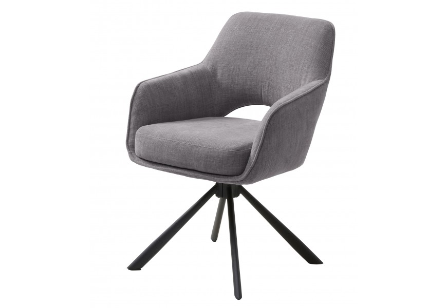 Moderní skandinávské světlé šedé jídelní křeslo Mille s otočnou sedací částí s opěrkou s polobloukovým výřezem s žinylkovým potahem a kovovou podstavou v černé barvě se čtyřmi šikmýma nohama