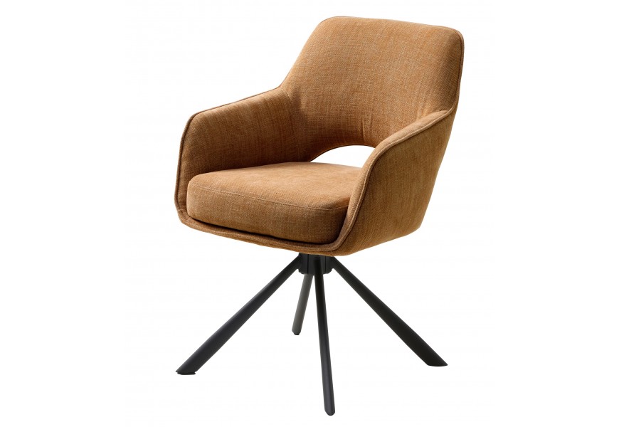 Moderní industriální otočné jídelní křeslo Mille s čalouněnou sedací částí s žinylkovým potahem v hořčicové žluté barvě s opěrkou s polobloukovým výřezem ve stylu key hole s podstavou z nerezavějící oceli v černé barvě se čtyřmi nohama