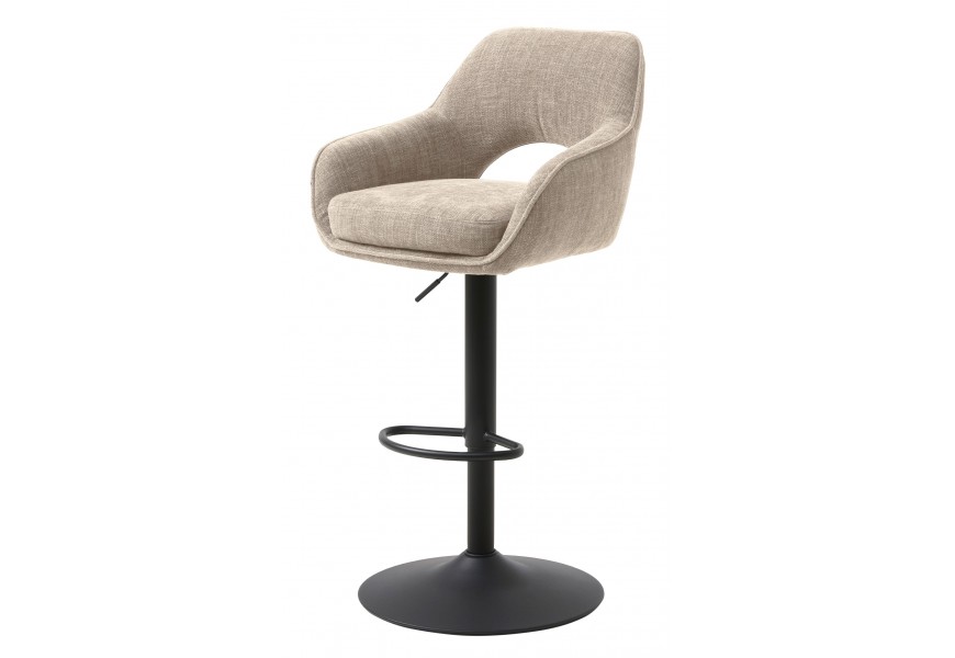 Moderní industriální otočná výškově nastavitelná barová židle Mille s bočními opěrkami a polobloukovým výřezem na opěrce s potahem z mikrovlákna ve světle béžové barvě s lněným designem a černou kovovou nohou