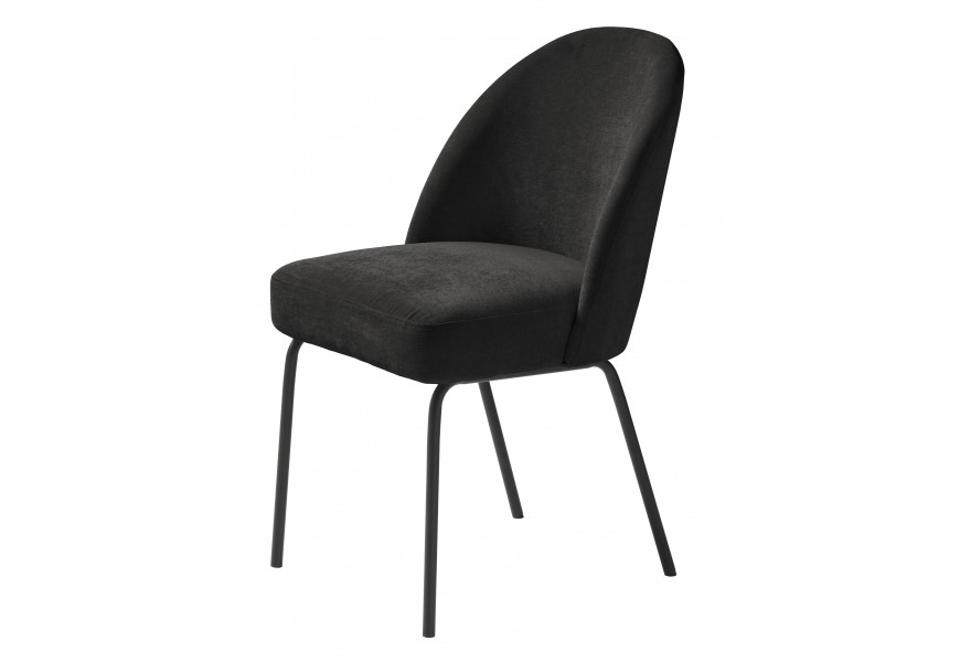 Designová industriální jídelní židle Zila s pěnovým čalouněním a žinylkovým potahem v černé barvě se sametovým leskem s nožičkami z tmavého kovu