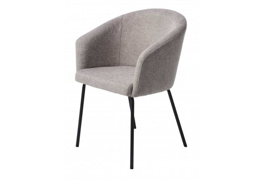 Moderní industriální čalouněná jídelní židle Idun s potahem s melírovaným efektem ve světle šedé barvě s opěrkami na ruce s nožičkami z kovu v černé barvě se štíhlým válcovitým profilem