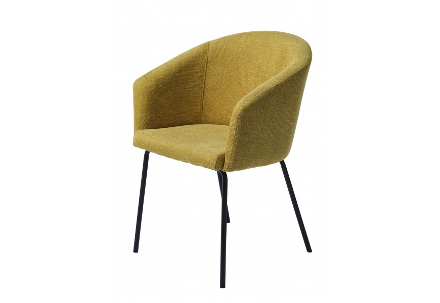 Moderní skandinávská žlutá jídelní židle s čalouněnou sedací částí s opěrkami na ruce se čtyřmi nožičkami z kovu v černé barvě