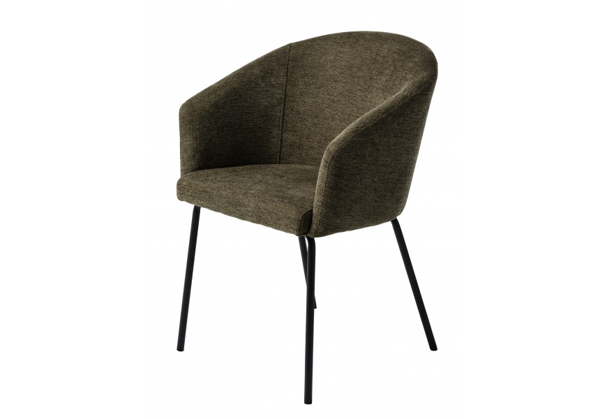 Industriální skandinávská jídelní židle Idun s opěrkou ve tvaru U s hladkým melírovaným potahem v olivové zelené barvě s černýma kovovými nohami štíhlého válcovitého tvaru