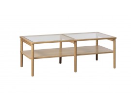 Skandin&aacute;vsk&yacute; skleněn&yacute; obd&eacute;ln&iacute;kov&yacute; konferenčn&iacute; stolek Viggo s průhlednou deskou a dubov&yacute;m hněd&yacute;m r&aacute;mem s polic&iacute; 120 cm