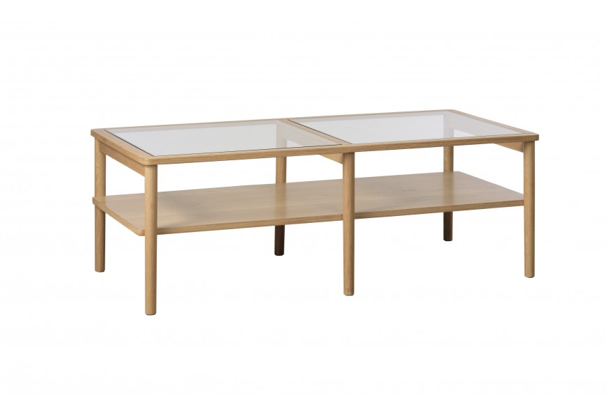 Skandinávský konferenční stolek Viggo s obdélníkovou vrchní deskou ze dvou skleněných výplní v dřevěném rámu s plnou policí a šesti nožičkami z dubové dýhy v přírodním světlém hnědém provedení