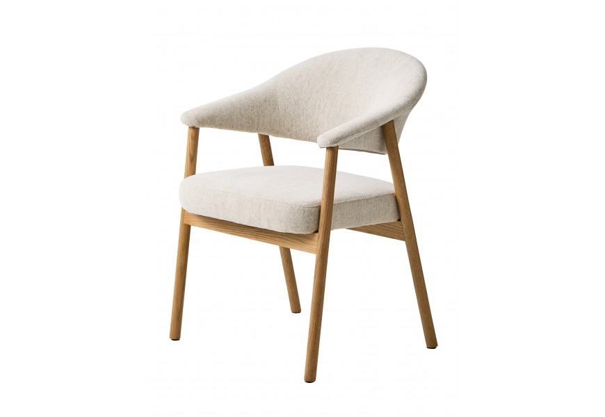 Skandinávská masivní jídelní židle Bodil s dřevěným rámem v přírodním světlém hnědém provedení s čalouněnou opěrkou a sedadlem s potahem z žinylkové textilie v bílé barvě