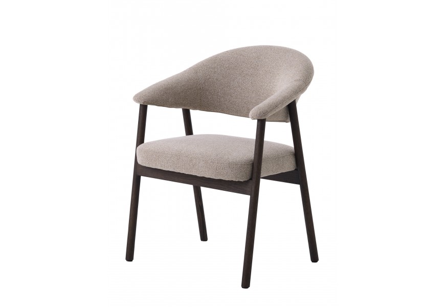 Skandinávská severská jídelní židle Bodil s čalouněným sedadlem a opěrkou se strukturovaným potahem ve světle hnědé barvě s rámem z kovu s válcovitými nožičkami v tmavé čokoládové hnědé barvě s jemnou kresbou letokruhů