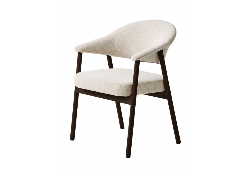 Moderní designová jídelní židle Bodil s čalouněným sedadlem a opěrkou s žinylkovým potahem ve světlé krémové barvě s konstrukcí ze dřeva v tmavém hnědém čokoládovém lakování