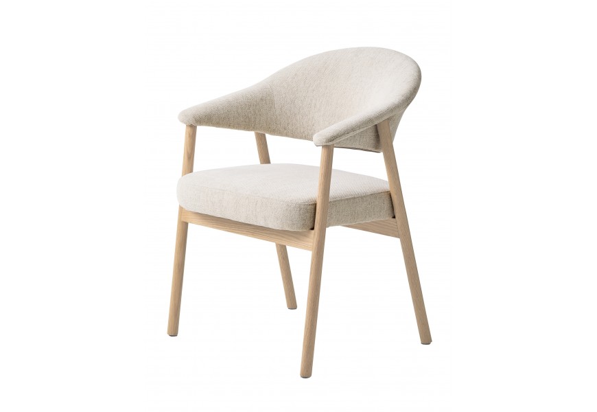 Moderní masivní jídelní židle Bodil s čalouněným sedadlem a opěrkou s potahem z žinylkového mikrovlákna v krémovém bílém provedení s konstrukcí ze dřeva ve světlém hnědém designu běleného dubu
