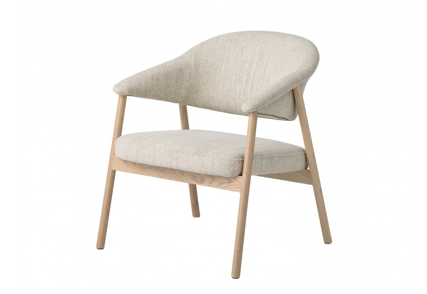 Moderní křeslo Bodil s dřevěnou konstrukcí ve světlém hnědém provedení s designem běleného dubu s čalouněným sedákem a opěrkou ve tvaru U s žinylkovým potahem s bílo béžovým melírovaným efektem