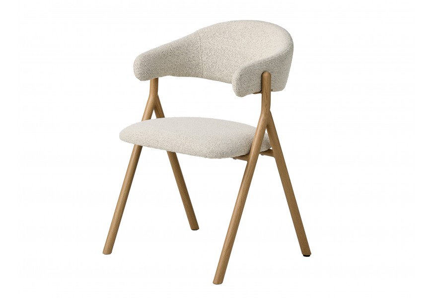 Moderní skandinávská jídelní židle Alia s čalouněným sedákem a zádovou opěrkou ve tvaru U s potahem v bílé barvě s béžovým melírovaným efektem s dřevěnou konstrukcí ve světlém hnědém naturálním dubovém provedení