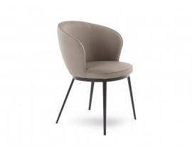 Designov&aacute; industri&aacute;ln&iacute; j&iacute;deln&iacute; židle Gamla s kulat&yacute;m sedadlem a zaoblenou opěrkou s bočnicemi s potahem z ekokůže v taupu &scaron;edohněd&eacute;m odst&iacute;nu s kovov&yacute;mi nohama v čern&eacute; barvě