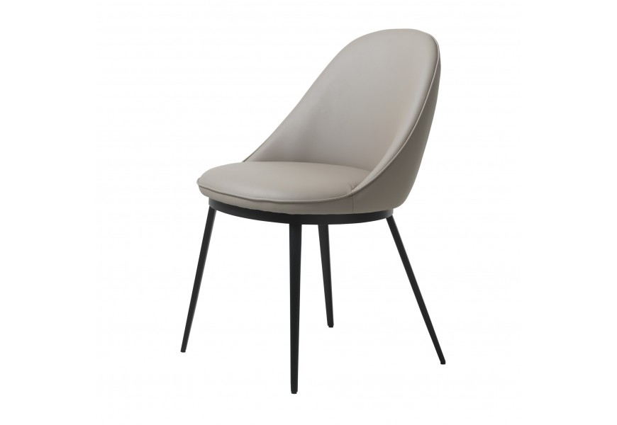 Designová kožená jídelní židle Gamla s kulatým sedátkem a zaoblenou opěrkou s potahem z ekokůže v taupu odstínu v hnědošedé barvě se štíhlými kovovými nožičkami v černé barvě