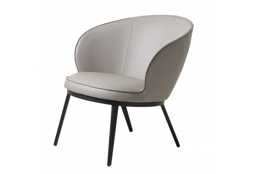 Designové industriální kulaté křeslo Gamla se zaoblenou zádovou opěrkou s vytaženými bočnicemi a potahem z ekokůže v odstínu taupě v tónech hnědé a šedé s podstavou z kovu v černé barvě se čtyřmi štíhlýma nohama