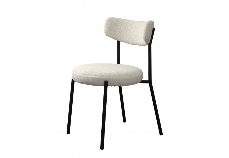 Moderní designová kulatá jídelní židle Edna s čalouněným sedákem a zádovou opěrkou s potahem z buklé v bílé barvě s konstrukcí z kovu v černé barvě