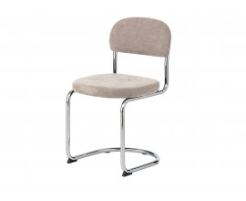 Designov&aacute; retro čalouněn&aacute; konzolov&aacute; j&iacute;deln&iacute; židle Kromo se sed&aacute;tkem a opěrkou s potahem se sametov&yacute;m žinylkov&yacute;m fini&scaron;em ve světl&eacute;m b&eacute;žov&eacute;m odst&iacute;nu lnu s kovovou konstrukc&iacute; s oh&yacute;ban&yacute;mi přechody v leskl&eacute;m chromov&eacute;m proveden&iacute;