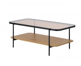 Industriální obdélníkový konferenční stolek Sonny s hnědou skleněnou deskou a dubovou policí s černým rámem 120 cm