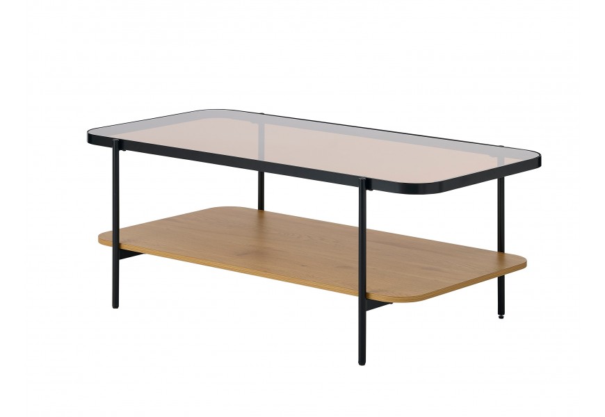 Retro skleněný konferenční stolek Sonny s obdélníkovou vrchní deskou z hnědého tónovaného bezpečnostního skla s konstrukcí z kovu v černé barvě a policí z melaminové dýhy ve světlém hnědém dubovém provedení