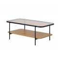 Retro skleněný konferenční stolek Sonny s obdélníkovou vrchní deskou z hnědého tónovaného bezpečnostního skla s konstrukcí z kovu v černé barvě a policí z melaminové dýhy ve světlém hnědém dubovém provedení
