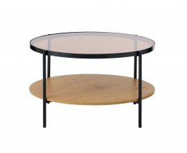 Industriální kulatý konferenční stolek Sonny s hnědou skleněnou deskou s dubovou policí s černým kovovým rámem 84 cm