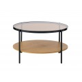 Skleněný retro konferenční stolek Sonny s kulatou vrchní průhlednou deskou s hnědým tónováním s kovovým rámem v černé barvě a policí z melaminové dýhy ve světlém hnědém dubovém provedení