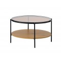 Industri&aacute;ln&iacute; kulat&yacute; konferenčn&iacute; stolek Sonny s hnědou skleněnou deskou s dubovou polic&iacute; s čern&yacute;m kovov&yacute;m r&aacute;mem 84 cm