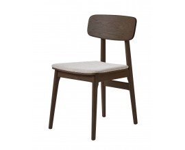 Skandin&aacute;vsk&aacute; masivn&iacute; j&iacute;deln&iacute; židle Vimo s čalouněn&yacute;m sedadlem s bukl&eacute; potahem v mel&iacute;rovan&eacute;m b&iacute;lo b&eacute;žov&eacute;m proveden&iacute; s konstrukc&iacute; z dubov&eacute;ho dřeva v tmav&eacute;m čokol&aacute;dov&eacute;m hněd&eacute;m lakov&aacute;n&iacute; s přiznanou strukturou