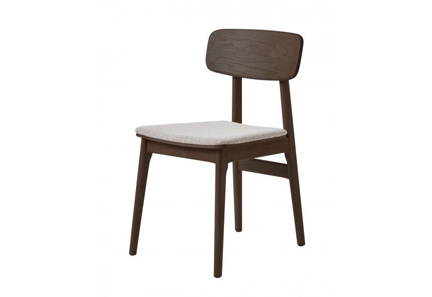 Skandinávská masivní jídelní židle Vimo s čalouněným sedadlem s buklé potahem v melírovaném bílo béžovém provedení s konstrukcí z dubového dřeva v tmavém čokoládovém hnědém lakování s přiznanou strukturou