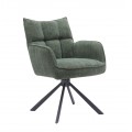 Moderní skandinávské jídelní křeslo Laerke s opěrkami na ruce s otočnou sedací částí s žinylkovým potahem v šalvějové zelené barvě se čtvercovým prošíváním s podstavou z kovu v černé barvě se čtyřmi nohama