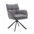 Moderní otočné jídelní křeslo Laerke s opěrkami na ruce prošívaným obdélníkovým vzorem s žinylkovým potahem se sametovým leskem v šedé barvě s podstavou z kovu v černé barvě se čtyřmi šikmýma nohama