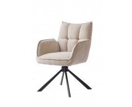 Modern&iacute; skandin&aacute;vsk&aacute; kr&eacute;mov&aacute; j&iacute;deln&iacute; židle v odst&iacute;nu lnu s otočnou sedac&iacute; č&aacute;st&iacute; s žinylkov&yacute;m potahem s pro&scaron;&iacute;v&aacute;n&iacute;m s obd&eacute;ln&iacute;kov&yacute;m vzorem na opěrce s bočn&iacute;mi opěrkami na ruce s podstavou z kovu v čern&eacute; barvě se čtyřmi &scaron;ikm&yacute;mi rameny