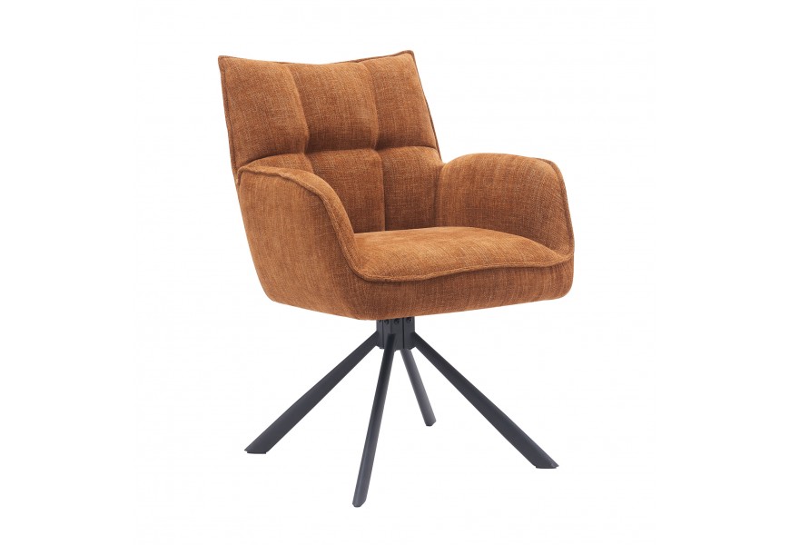 Moderní designová čalouněná jídelní židle Laerke s opěrkami na ruce s otočnou sedací částí s žinylkovým potahem ve světle oranžové barvě v rezavém odstínu s podstavou se čtyřmi rameny z kovu v černé barvě