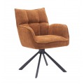 Moderní designová čalouněná jídelní židle Laerke s opěrkami na ruce s otočnou sedací částí s žinylkovým potahem ve světle oranžové barvě v rezavém odstínu s podstavou se čtyřmi rameny z kovu v černé barvě