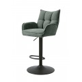 Skandinávská barová židle Laerke s opěrkami na ruce s výškově nastavitelnou nohou z kovu v černé barvě s opěrkou na nohy s čalouněnou sedací částí a žinylkovým potahem s obdélníkovým prošíváním v šalvějově zelené barvě