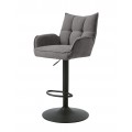 Moderní výškově nastavitelná barová židle Laerke s čalouněnou sedací částí s nízkými opěrkami na ruce a lineárním prošíváním s obdélníkovým vzorem s žinylkovým potahem v šedé barvě s podstavou z kovu v matném černém provedení