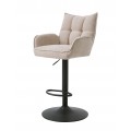 Moderní industriální výškově nastavitelná barová židle Laerke s žinylkovým čalouněním se sametovým leskem v béžové barvě v odstínu lnu s kovovou nohou v černé barvě s opěrkou na nohy