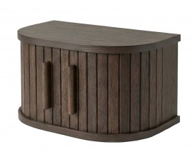 Retro designov&yacute; n&aacute;stěnn&yacute; nočn&iacute; stolek Alborg polobloukov&eacute;ho tvaru s posuvn&yacute;mi dv&iacute;řky v tmav&eacute;m hněd&eacute;m dubov&eacute;m proveden&iacute; 40 cm