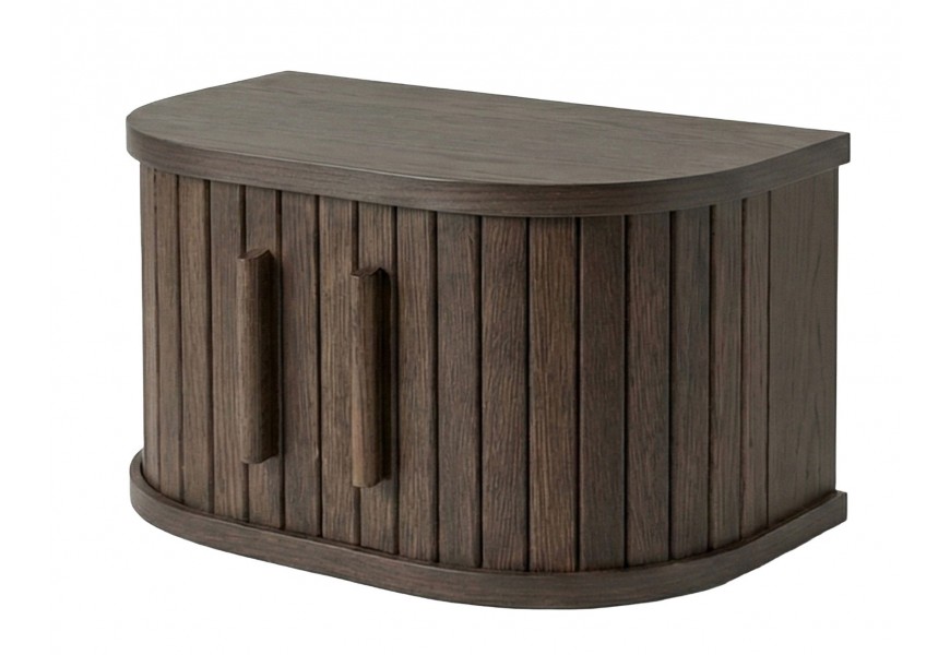 Skandinávský severský závěsný noční stolek Alborg s polobloukovou vrchní deskou a úložným prostorem s posuvnými dvířky s lamelovým designem