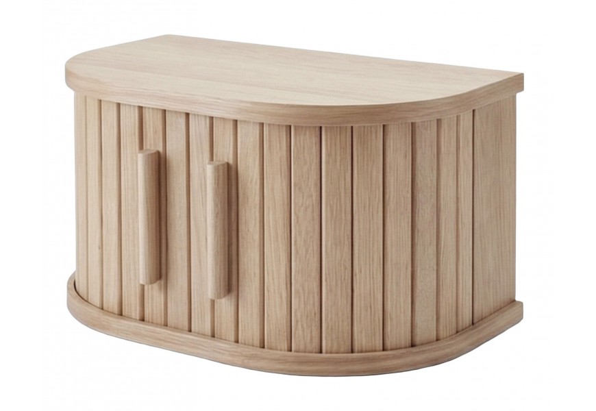 Designový retro nástěnný noční stolek Alborg v polobloukovém tvaru s posuvnými dvířky v válcovitými úchyty a lamelovým designem ve světle hnědé přírodní dubové barvě s přiznanou kresbou letokruhů