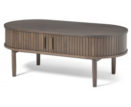 Retro ov&aacute;ln&yacute; konferenčn&iacute; stolek Alborg s &uacute;ložn&yacute;m prostorem se dvěma posuvn&yacute;mi dv&iacute;řky v tmav&eacute;m hněd&eacute;m dubov&eacute;m proveden&iacute; 120 cm