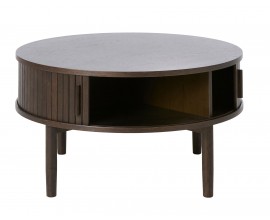 Skandin&aacute;vsk&yacute; seversk&yacute; konferenčn&iacute; stolek Alborg s kulatou vrchn&iacute; deskou a &uacute;ložn&yacute;m prostorem s posuvn&yacute;mi dv&iacute;řky s lamelov&yacute;m designem se čtyřmi nohama v tmav&eacute;m hněd&eacute;m dubov&eacute;m proveden&iacute;