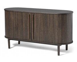 Retro ov&aacute;ln&yacute; dvoudveřov&yacute; př&iacute;born&iacute;k Alborg s lamelov&yacute;m designem posuvn&yacute;ch dv&iacute;řek v tmav&eacute;m hněd&eacute;m dubov&eacute;m proveden&iacute; 140 cm