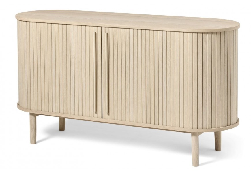 Retro světlý hnědý dubový příborník Alborg oválného tvaru se dvěma posuvnými dvířky s lamelovým designem s válcovitými nožičkami