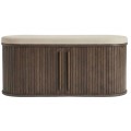Skandinávská lavice Alborg v tmavém hnědém dubovém provedení s oválným sedátkem s béžovým žinylkovým potahem s úložným prostorem s posuvnými dvířky s lamelovým designem