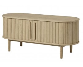 Skandin&aacute;vsk&yacute; ov&aacute;ln&yacute; TV stolek Alborg s posuvn&yacute;mi lamelov&yacute;mi dv&iacute;řky ve světl&eacute;m hněd&eacute;m dubov&eacute;m proveden&iacute; 140 cm